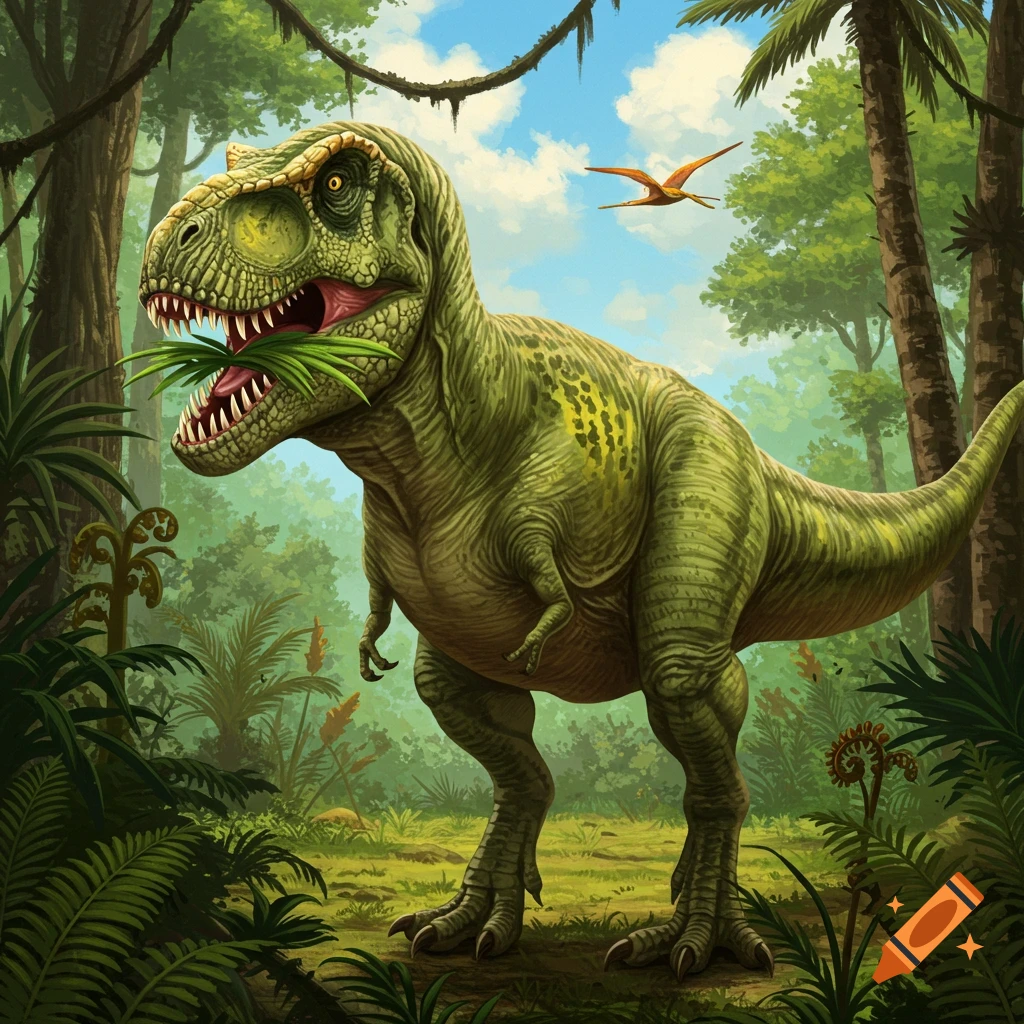 A green T-Rex eating leaves in a lush jungle with a pterodactyl flying overhead.