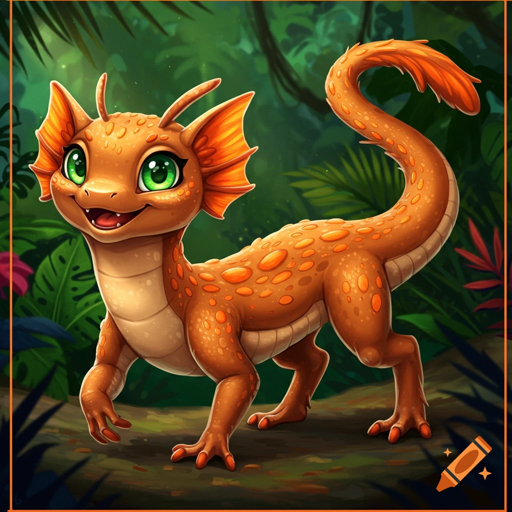 A cute orange creature with large green eyes in a jungle.
