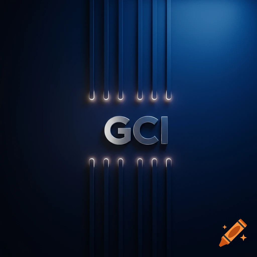 Silver GCI logo with vertical glowing lines on a dark blue background.