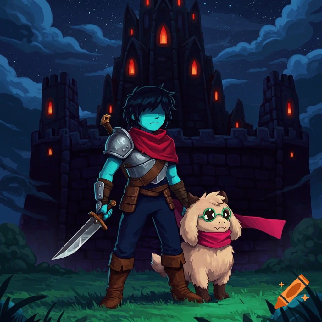 A teal-skinned character in armor and a fluffy creature with glasses stand before a dark castle at night.