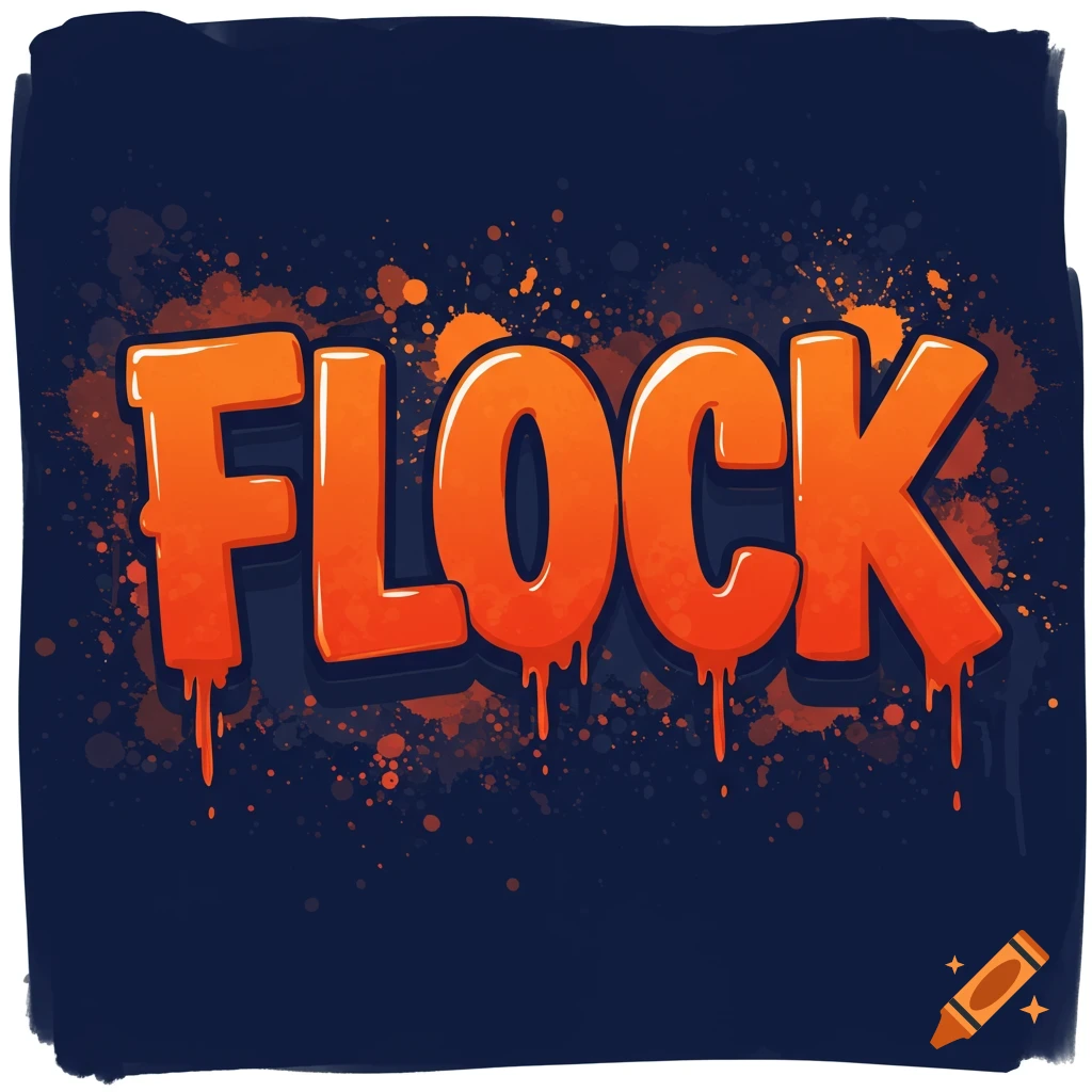 Stylized orange graffiti text spelling 'FLOCK' with paint drips and splatters on a dark blue background.