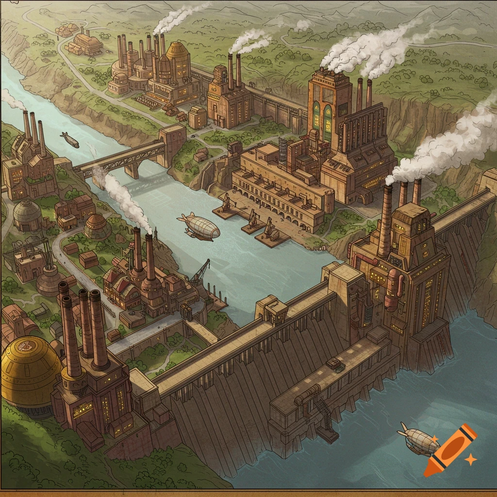 Aerial view of a steampunk fantasy industrial city with factories, dam, river, bridges, and airships.