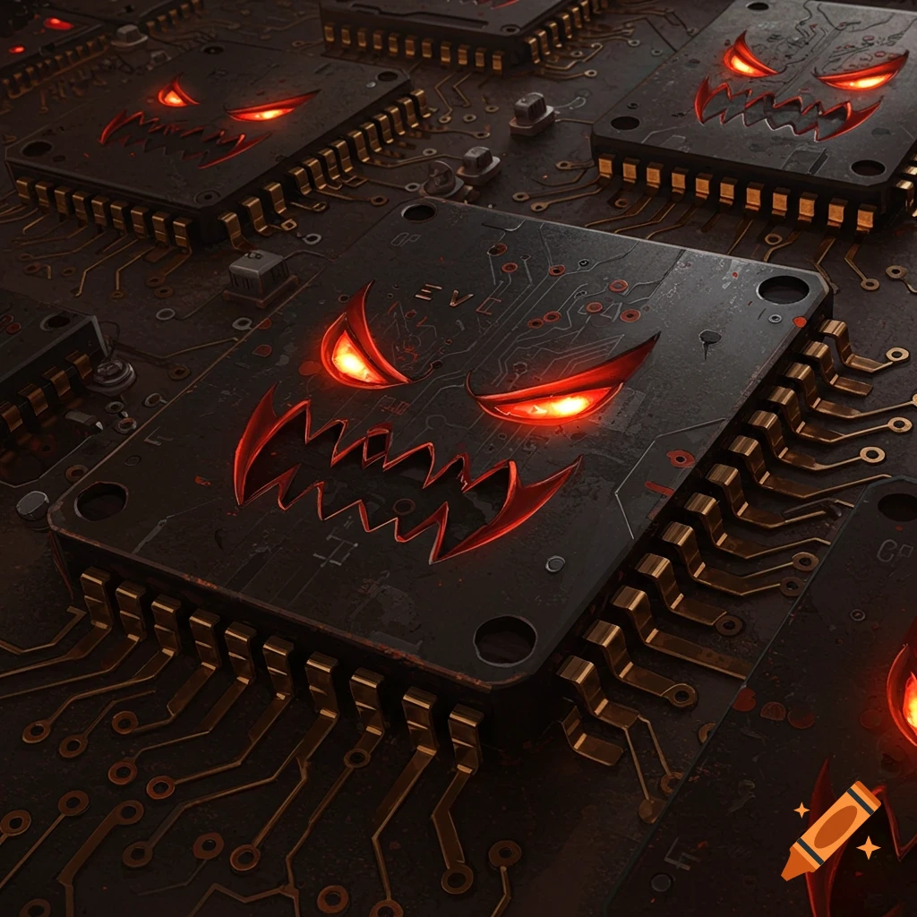 Computer chips with evil faces, glowing red eyes and teeth.