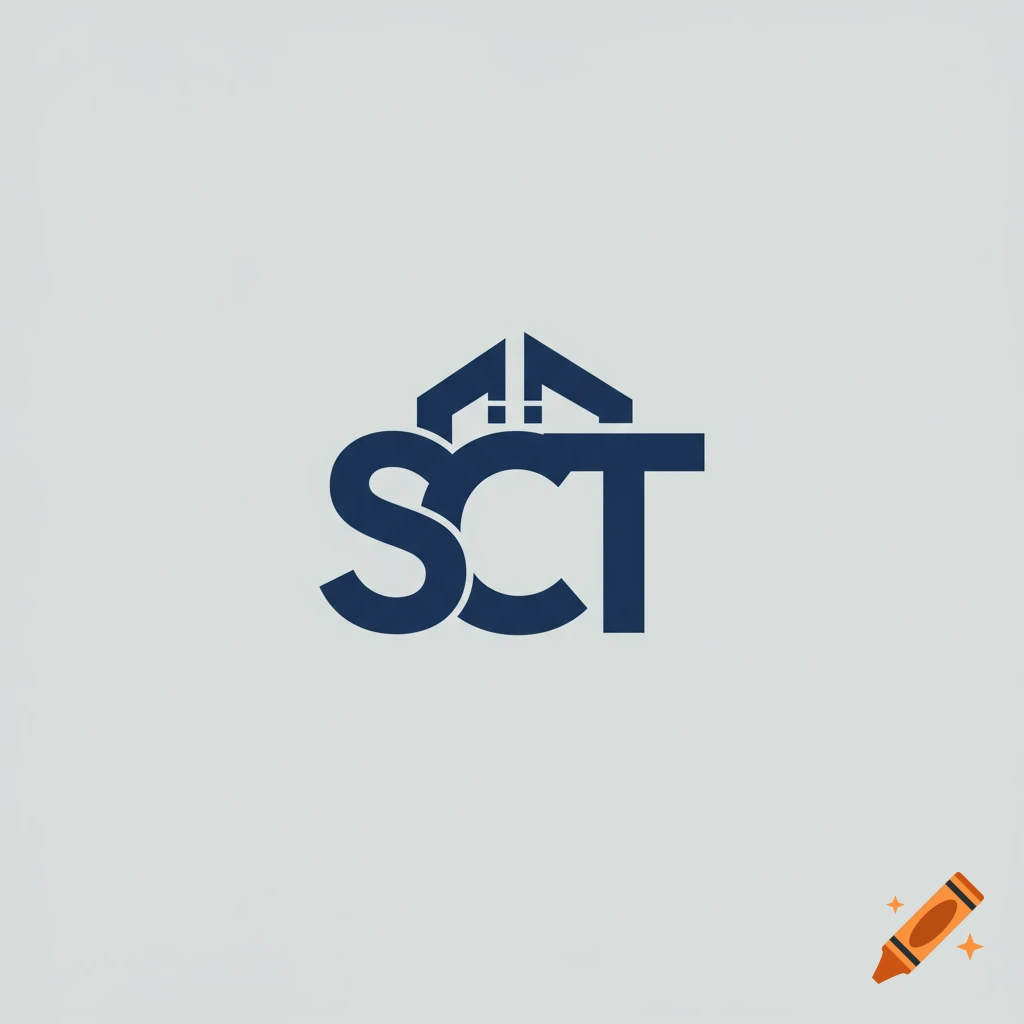 A blue logo featuring the letters SCT incorporated with a house design, centered on a light grey background.
