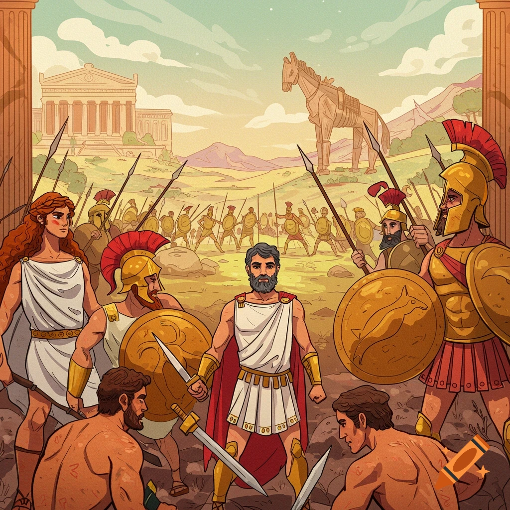 Ancient Greek warriors stand before a large wooden horse and building.