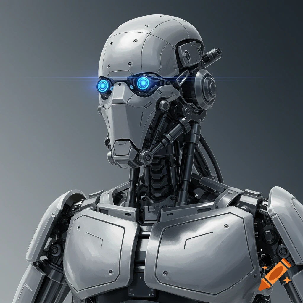 A metallic robot with glowing blue eyes.