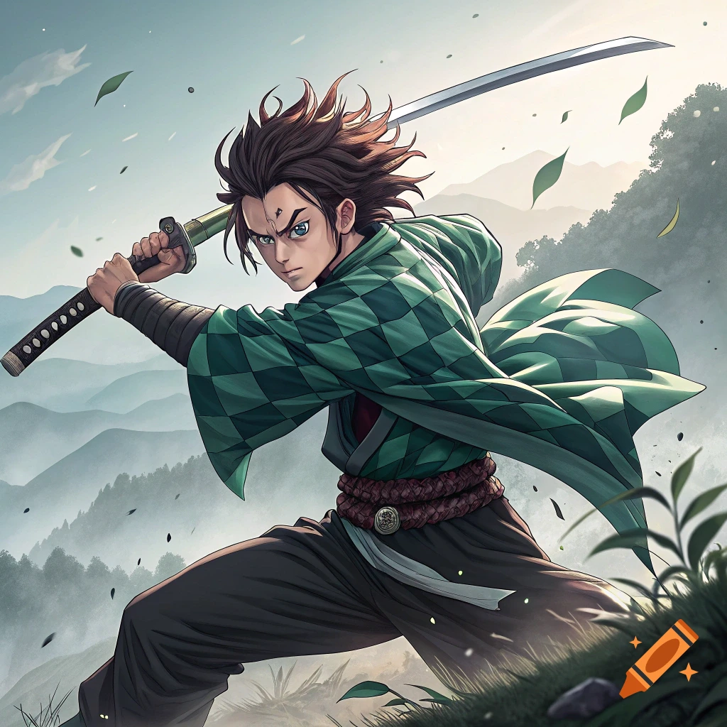 Anime character Tanjiro Kamado in a green checkered haori, holding a sword ready to strike, set against a mountain landscape.
