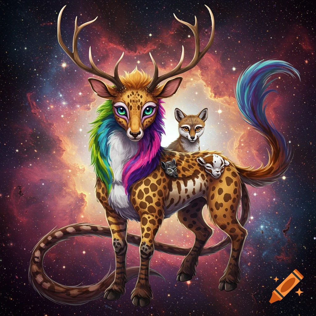 Fantasy creature with deer antlers, spotted body, rainbow mane, and long tail stands in space with a fox and small creatures on its back.