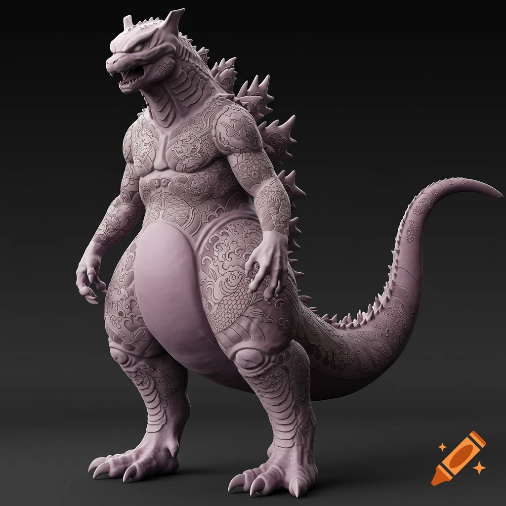 3D render of a creature blending Godzilla and Mewtwo, covered in detailed Japanese engravings, standing in a figure pose.