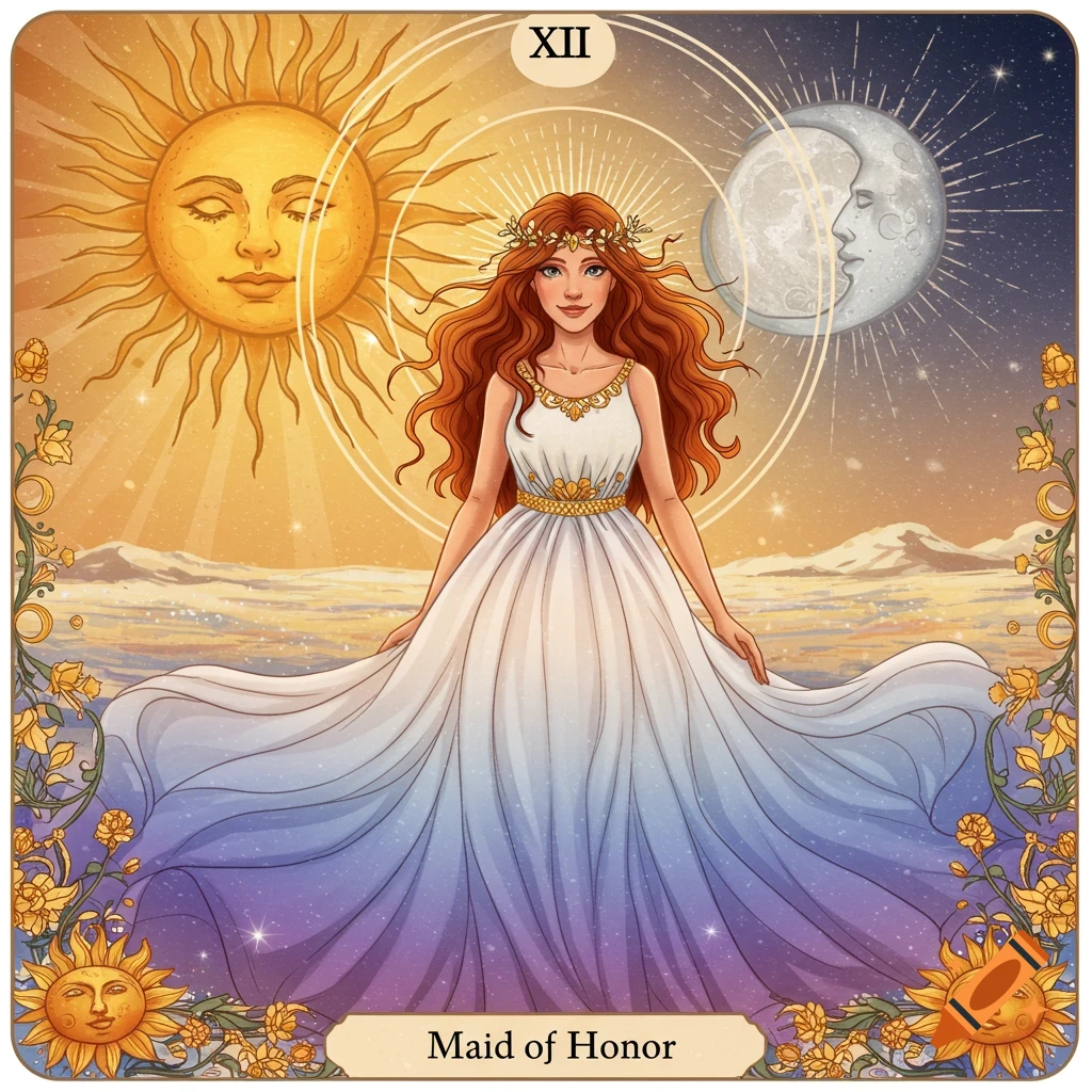 Illustration of a tarot card featuring a woman in a flowing dress with sun and moon, text 'XII' and 'Maid of Honor'.