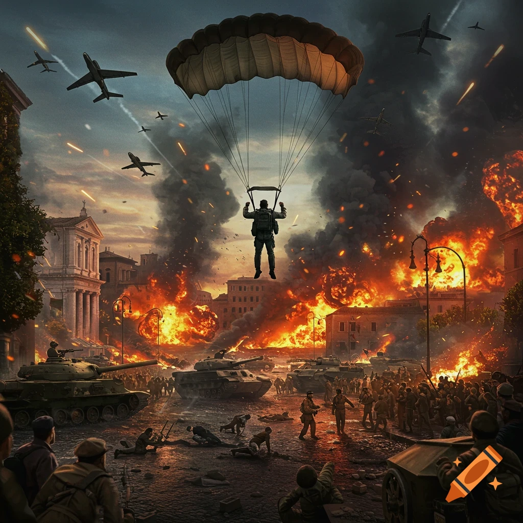 Painting of a paratrooper descending into a burning city with tanks, soldiers, and planes during wartime.