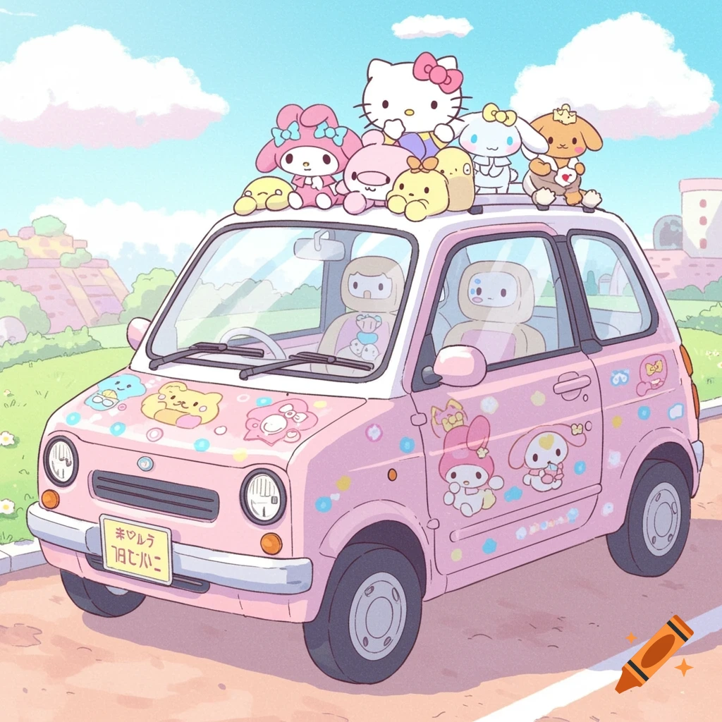 Illustrative scene of a pink car covered in Sanrio characters, with Hello Kitty and friends on the roof, driving through a cute, pastel landscape.