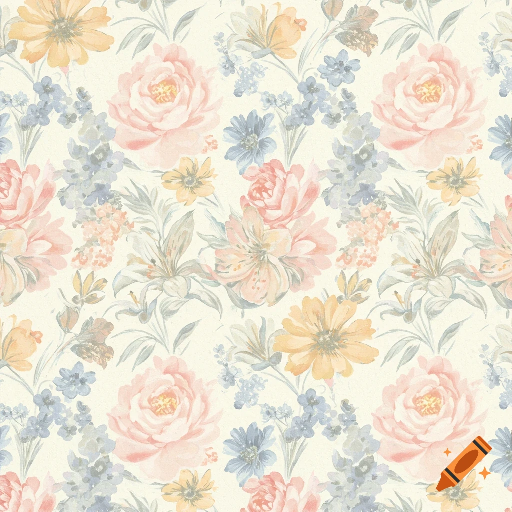 Watercolor floral seamless pattern with pink, blue, and yellow flowers.