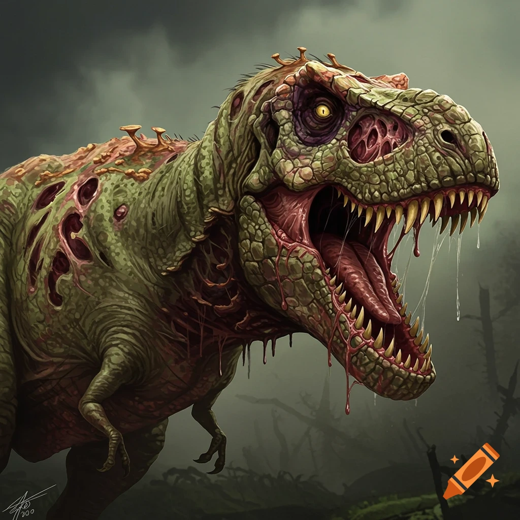 A rotting zombie T-Rex with visible gore and mushrooms.