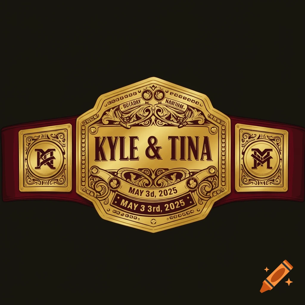 Golden championship belt with names Kyle & Tina and date May 3rd, 2025