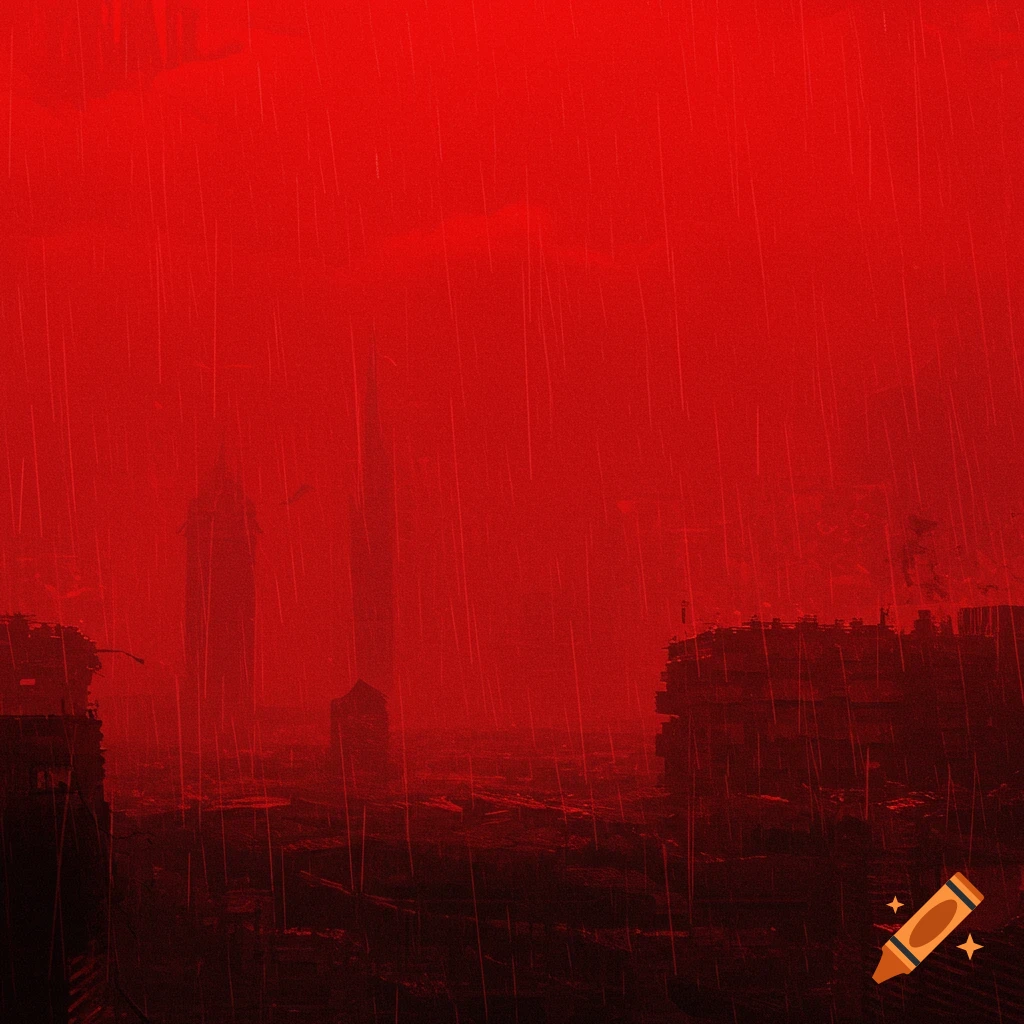 Red rain falling over a dark, silhouetted city skyline.