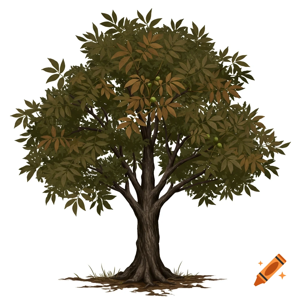 A walnut tree with green nuts on a white background.