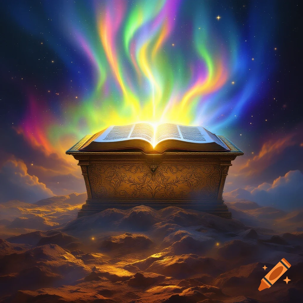 An open glowing book sits on a pedestal under a starry sky, with a colorful aurora rising above.