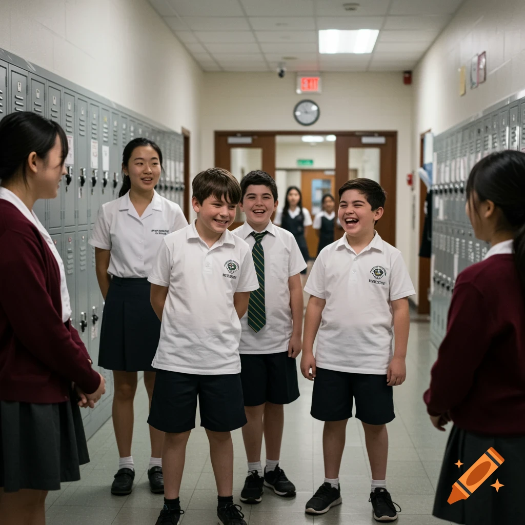 Group of students in school uniforms laughing in a hallway lined with lockers.