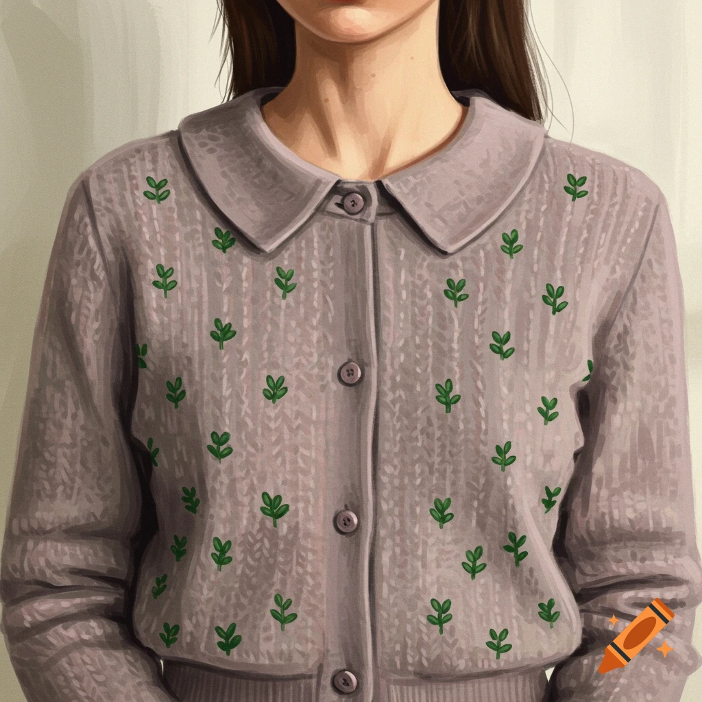 A person wearing a lavender cardigan with leaf embroidery.