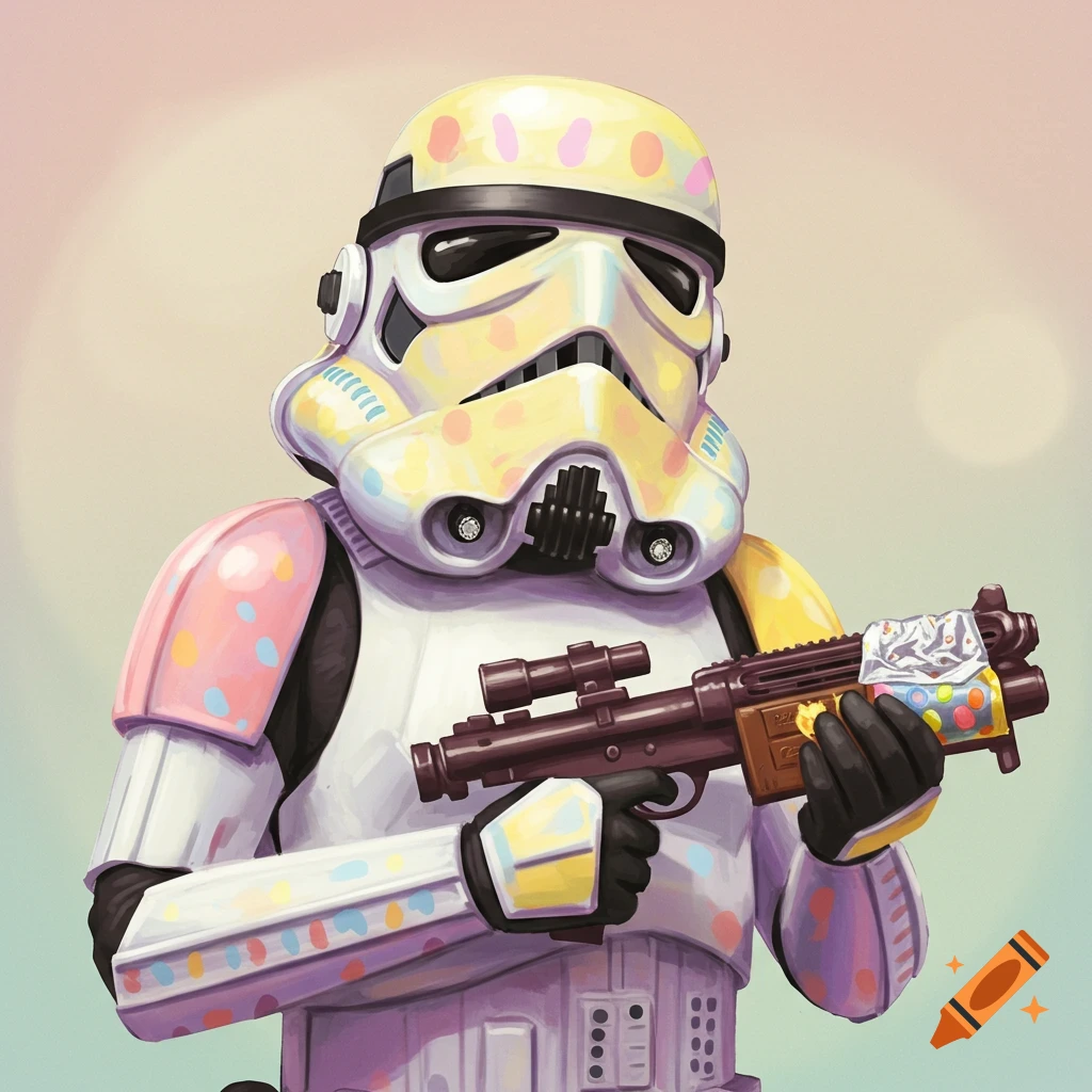 A Star Wars Stormtrooper in Easter egg armor holding a decorated blaster.