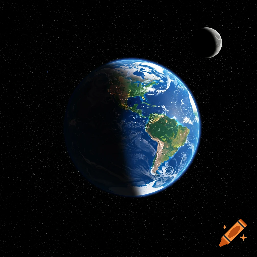 Earth and the moon from space with stars.