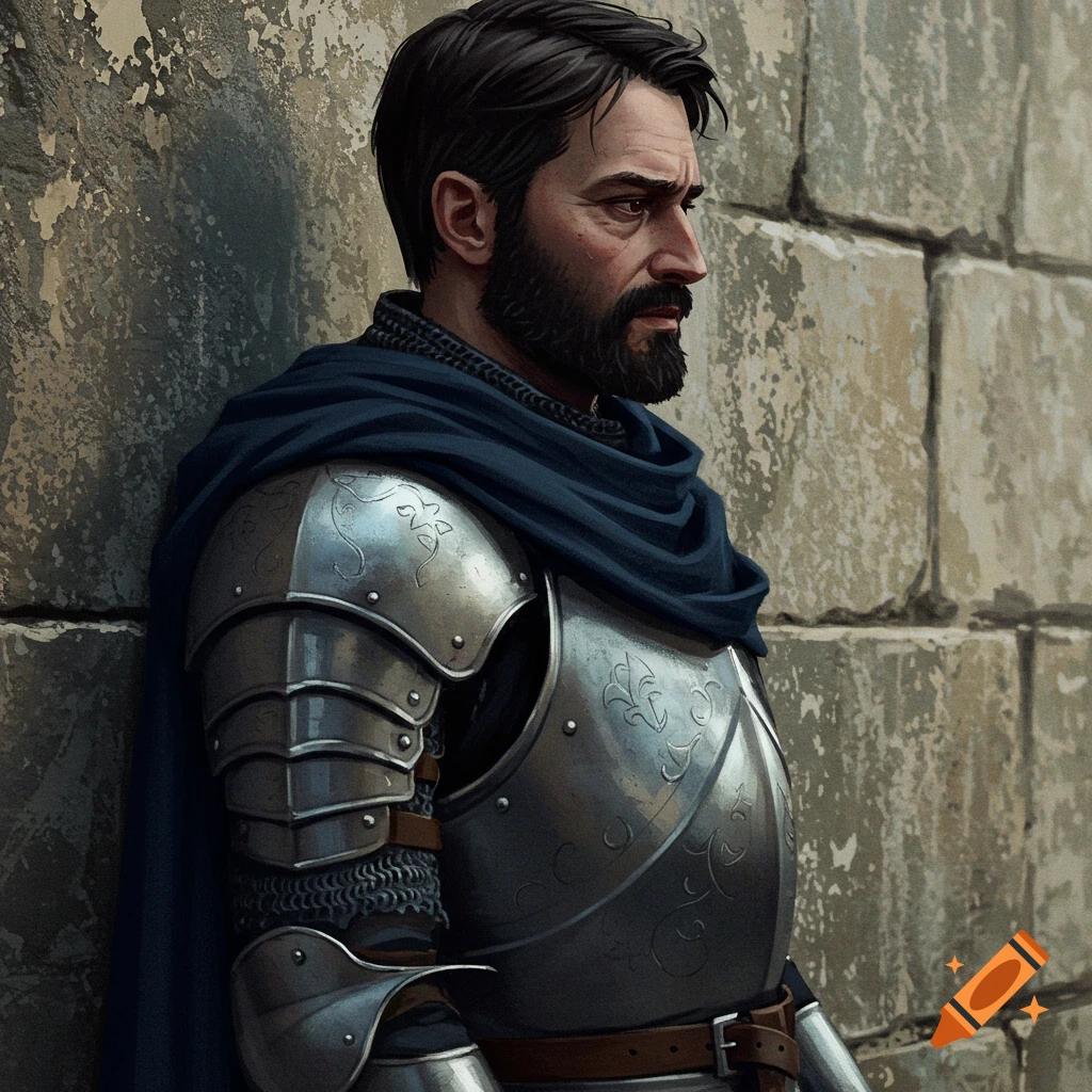 A bearded knight in armor leans against a stone wall, side view.