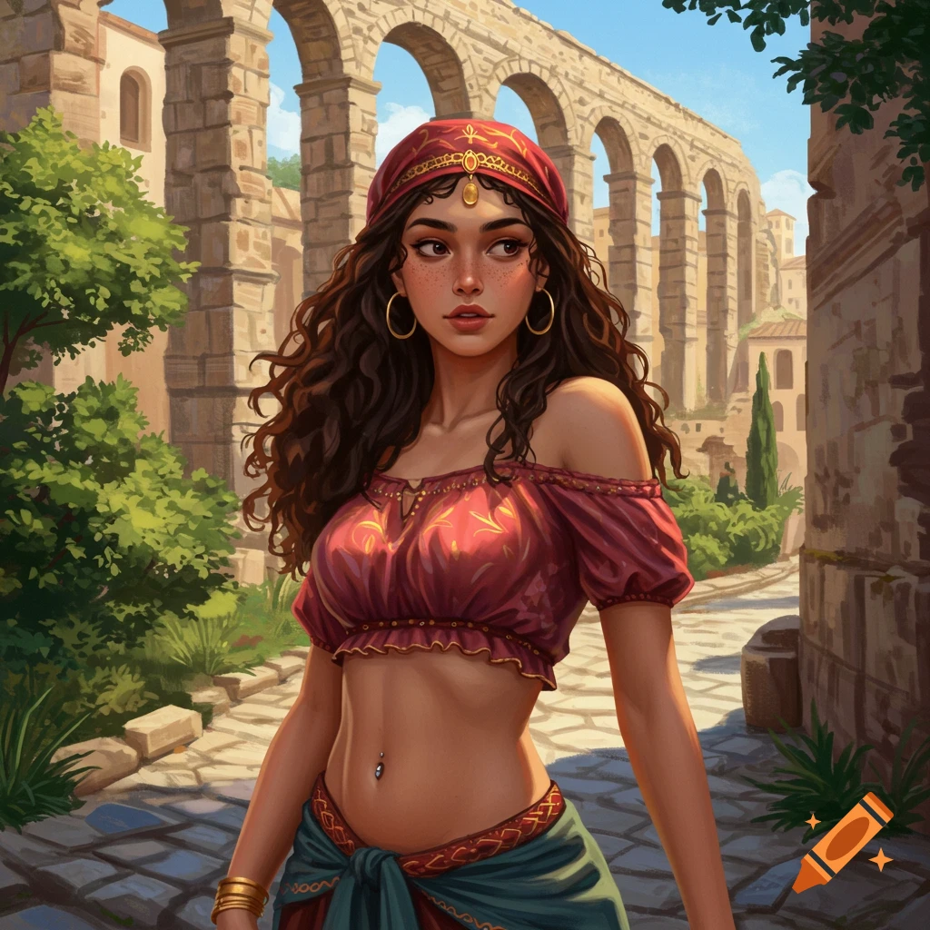 A woman in a red crop top stands in front of ancient architecture.