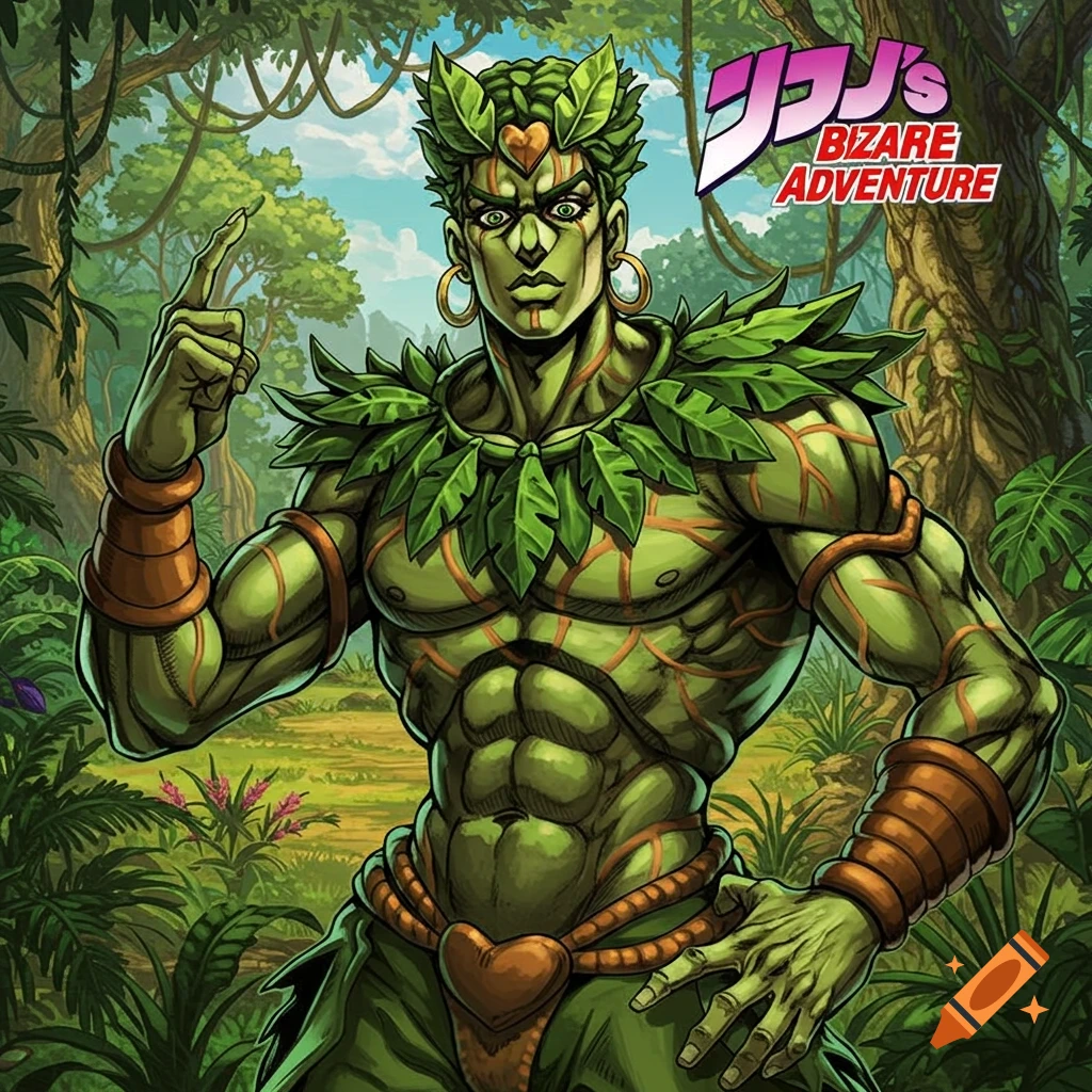 Anime style illustration of a muscular green character dressed in leaves in a jungle, with the JoJo's Bizarre Adventure logo.
