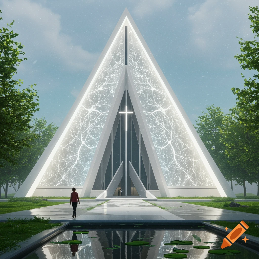 Modern architectural design of a church building with illuminated patterns, a person walking towards it, and a reflective pond.