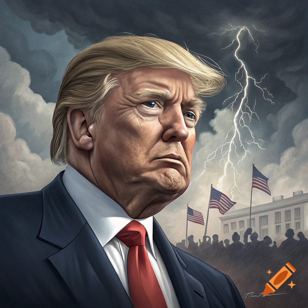 Illustration of Donald Trump under stormy sky with lightning, flags, crowd, and building
