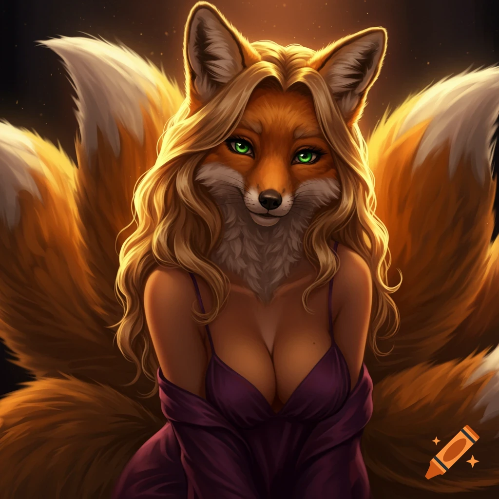 Digital art portrait of a foxgirl with green eyes, blonde hair, a purple dress, and multiple tails.