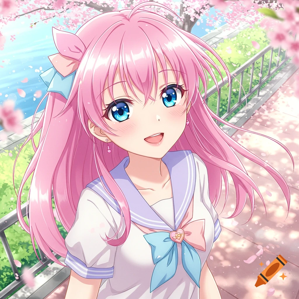 Anime girl with pink hair and blue eyes in a school uniform outside under cherry blossoms.