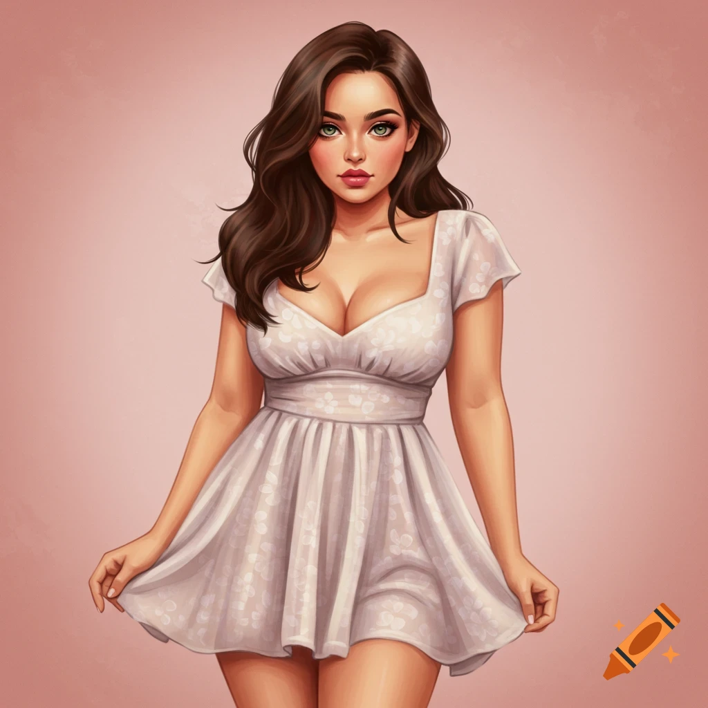 Image of a woman with long brown hair wearing a short white dress.