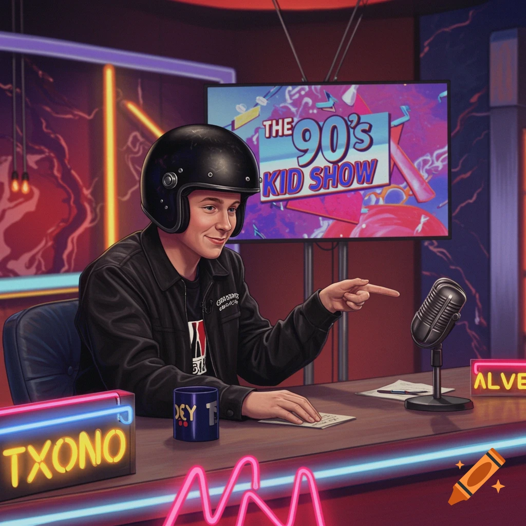 Digital art of a young person wearing a helmet hosting a 90s-style TV show with neon signs.