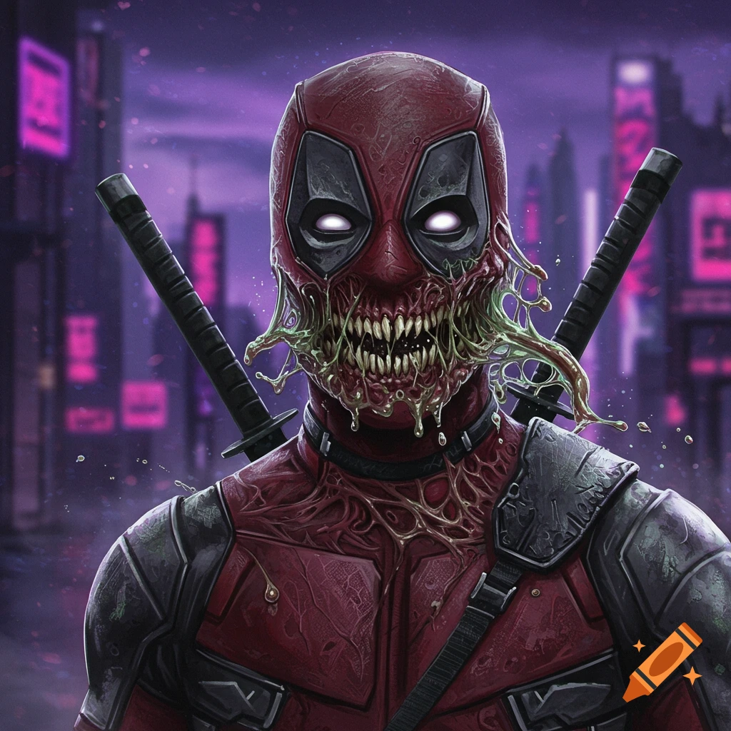 Horrifying, mutated Deadpool in a cyberpunk cityscape with glowing eyes and dripping green slime.