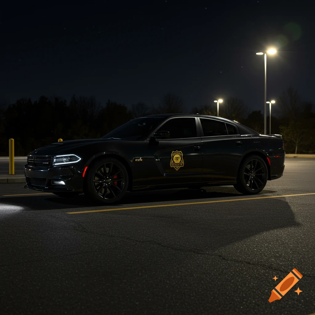 Photorealistic image of a black Dodge Charger with a gold security badge, parked in a lot at night under streetlights.