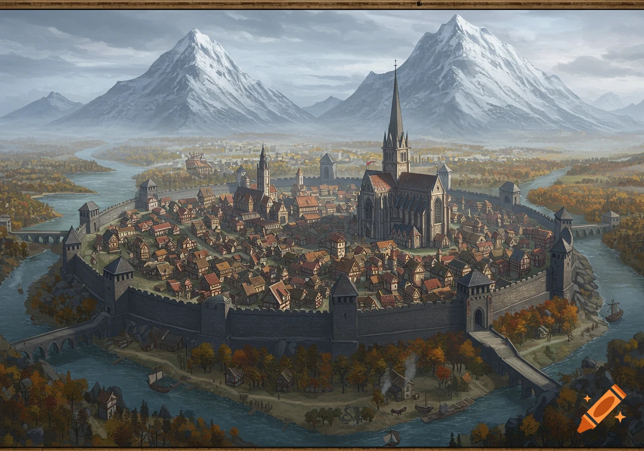 A walled medieval city by a river with autumn trees and snow-capped mountains.