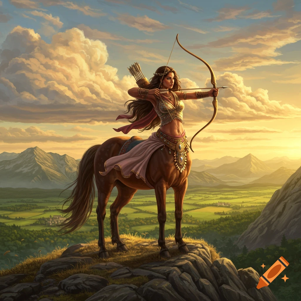 A female centaur aims a bow and arrow from a mountain peak at sunset.
