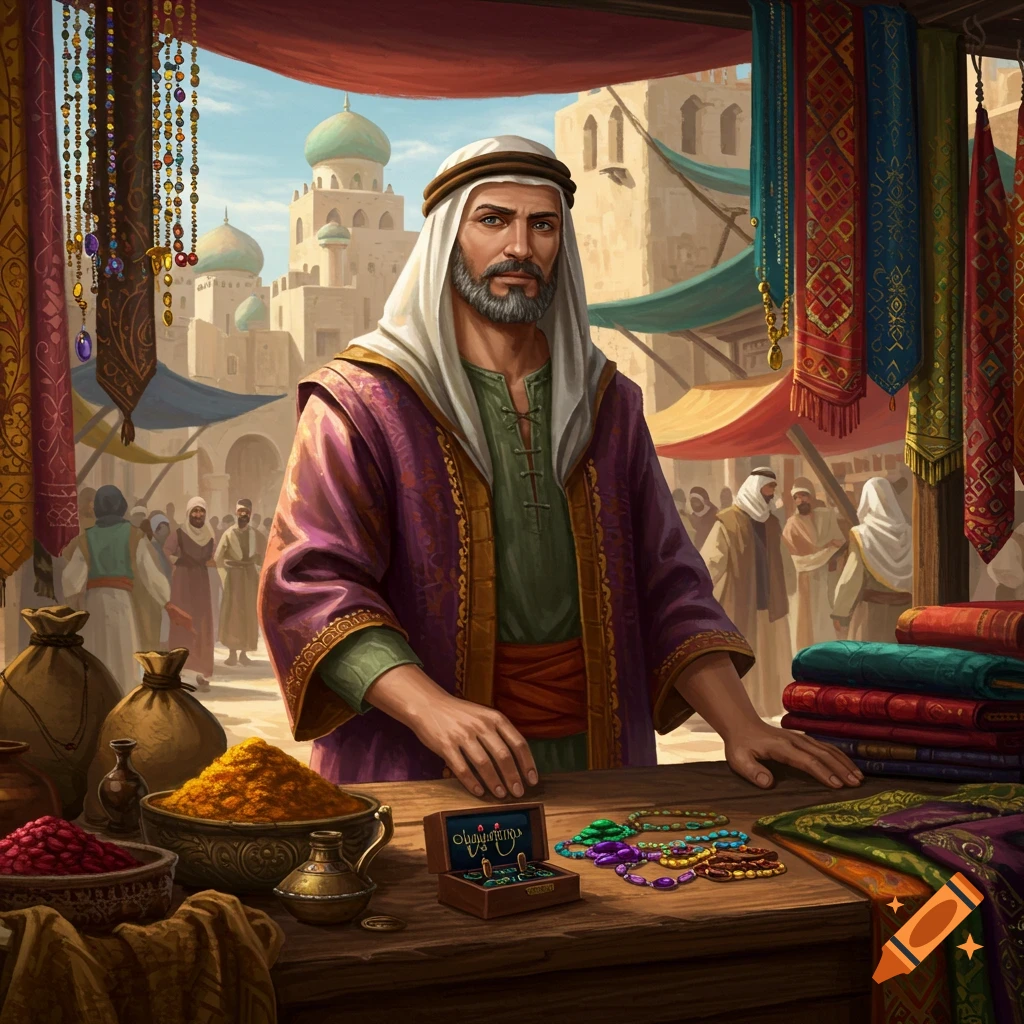 A merchant stands at a market stall laden with spices, fabrics, and jewelry, with a city in the background.