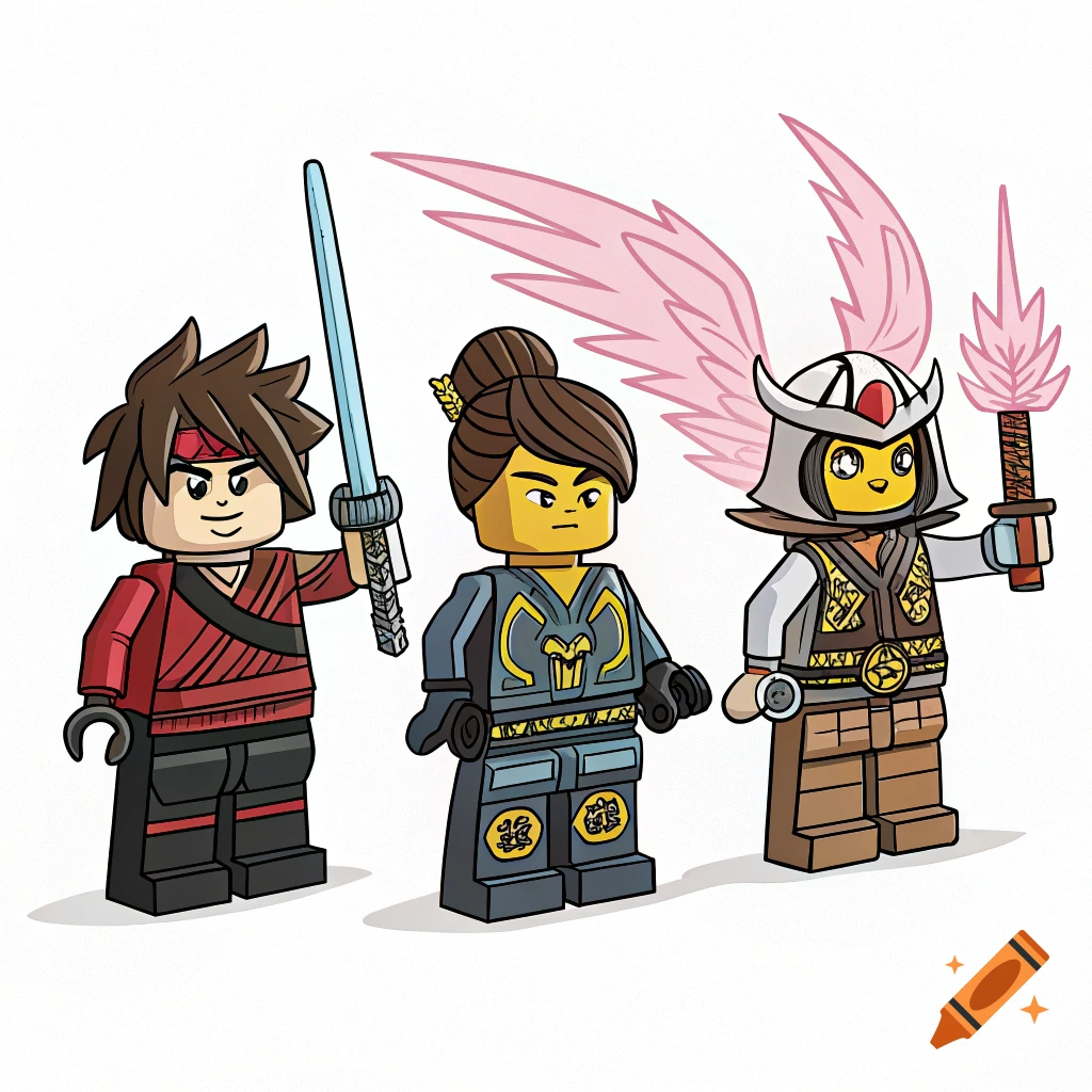 Three Lego Ninjago minifigures standing, one with a blue sword, one with her hair in a bun, and one with pink energy wings.