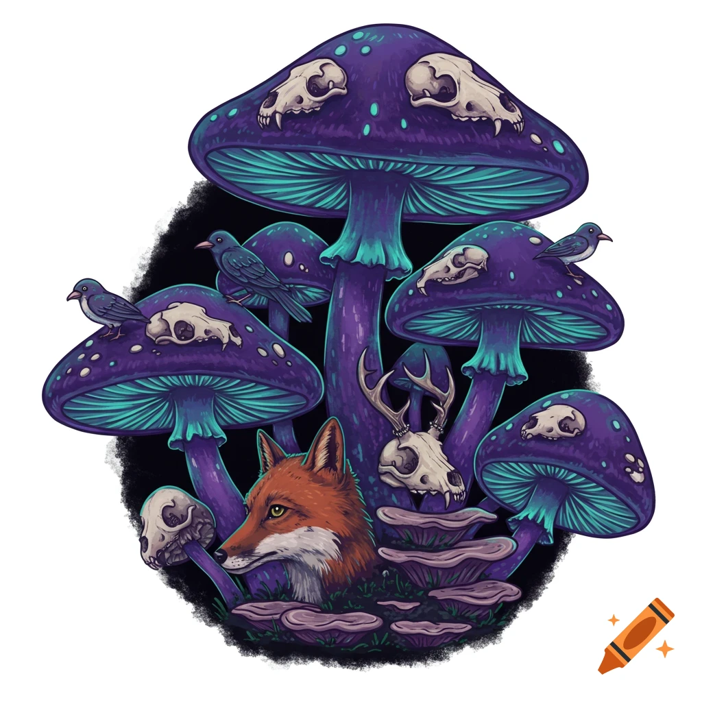 Fantasy mushrooms with skulls, birds, and a fox