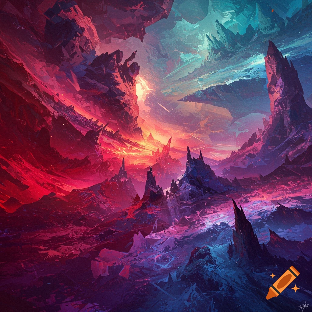 A vibrant fantasy landscape with sharp rock formations and a glowing sky in hues of red, purple, and blue.