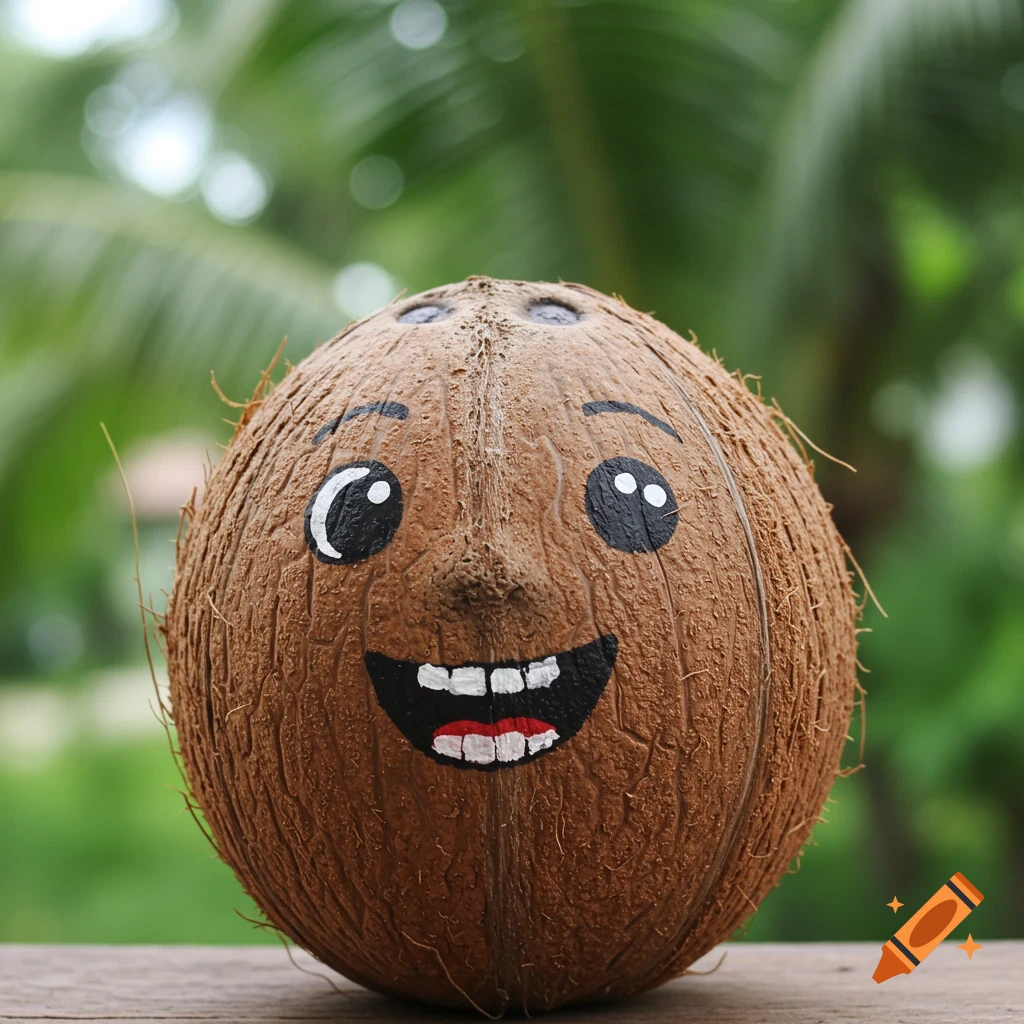 A coconut with a painted smiling face sits on a table outdoors.