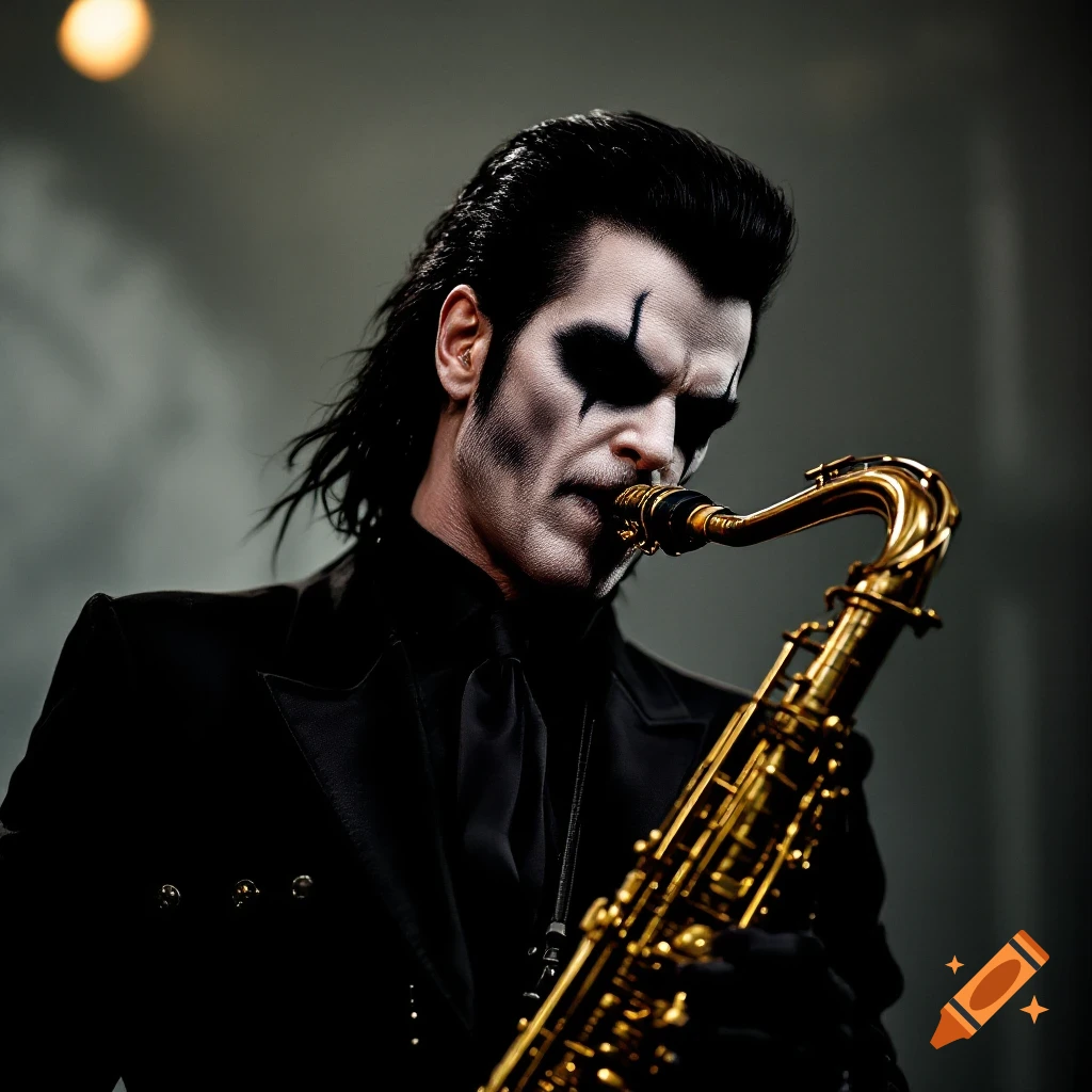 A person in gothic makeup playing a saxophone while wearing a black suit.