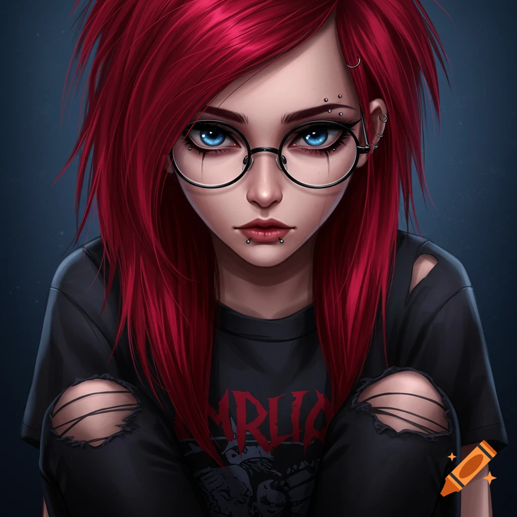 Stylized portrait of an emo girl with red hair, blue eyes, glasses, piercings, ripped clothes.