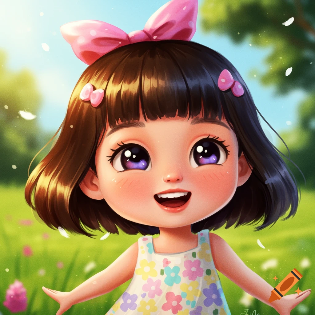 A cute cartoon girl with a pink bow and flower dress smiles in a sunny garden.