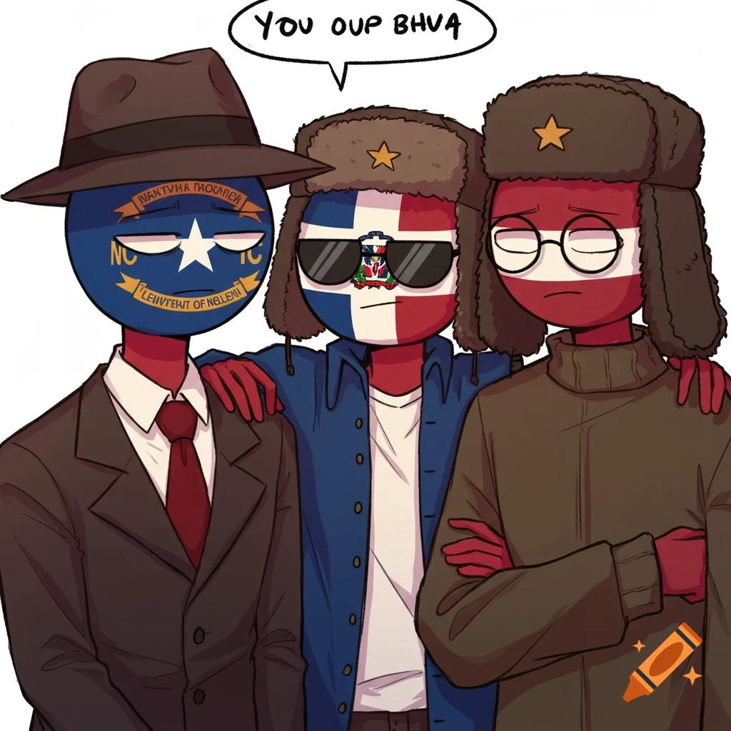 Three country flag-headed cartoon characters: North Carolina, Dominican Republic, and Latvia posing together. Cartoon style.