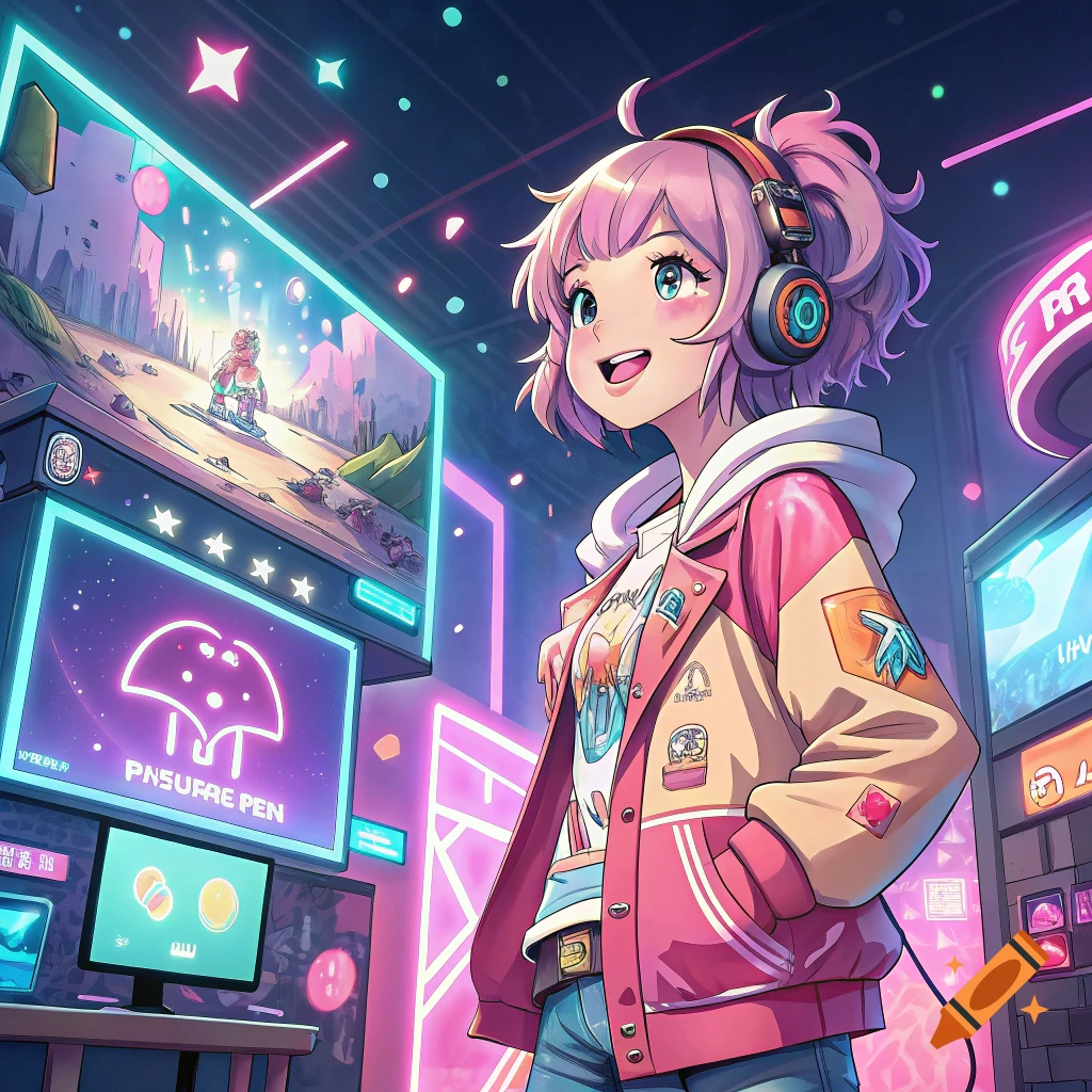 Anime girl with pink hair and headphones smiles in a futuristic gaming room with neon lights and screens