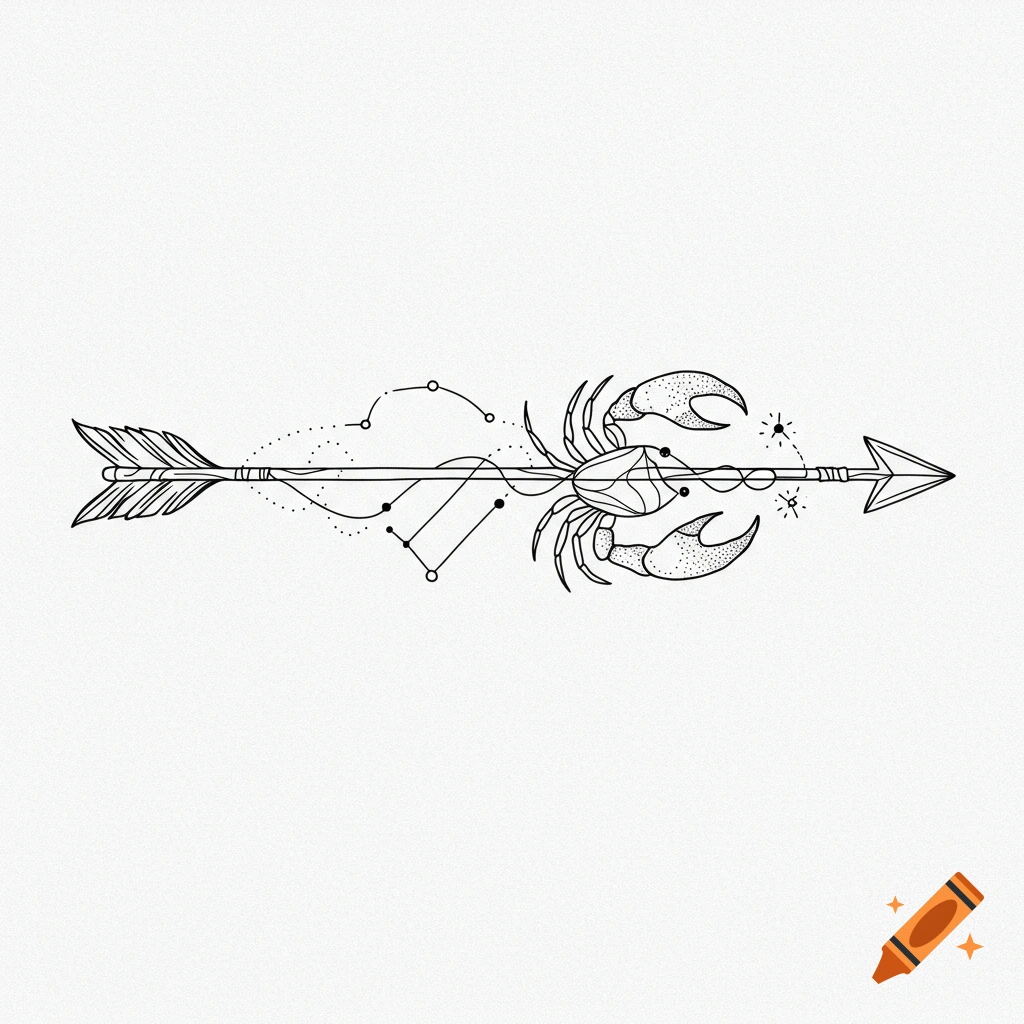 Minimalist fine line black and white tattoo design featuring a crab, a constellation, and an arrow.